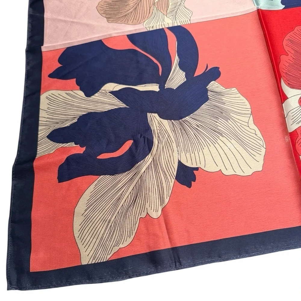 🌺Colorful Floral Print Silk Scarf in Navy, Red, Pink, Mint tones. 23” square